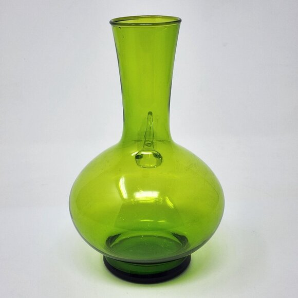 MCM Green Glass Vase Carafe Pitcher Clear Handle 6" Tall Elegant Delicate - Picture 2 of 6
